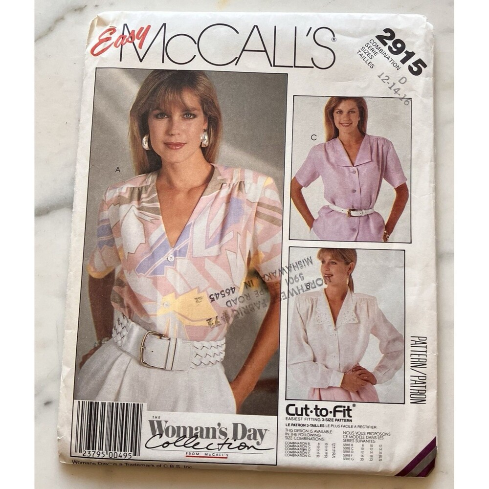 Vintage‎ McCall's Pattern 2915 Women’s Day Collection Blouses Sz 12-14-16 Uncut